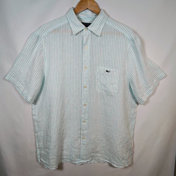 Vineyard Vines Men's Large Stripped Linen Button-Down Short Sleeve Shirt - Picture 2 of 8